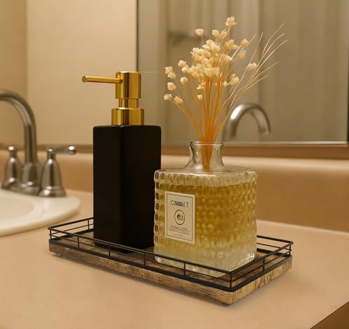 Bathroom Vanity Tray for Countertop, 12" x 6" Wood Toilet Tank Tray | Metal Guardrail, Bathroom Organizer for Soap, Perfume & Skincare, Non-Slip Decorative Tray for Dresser, Black & Rustic Brown - color: Rustic Brown, size: 12" x 6" x 1.5"