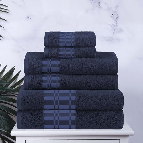 Superior 6-Piece Cotton Towel Set, Geometric Design, Dobby Border, Plush Quick Dry Towels, Decorative Bathroom, Spa, Includes 2 Bath, 2 Hand, 2 Face Towels/ Washcloth, Larissa Collection, Navy Blue - color: Navy Blue, size: 6 Piece Towel Set