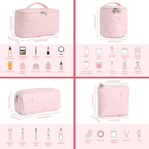 4Pcs Quilted Makeup Bag Set, Cute Bowknot Puffy Makeup Bag Toiletry Bag w/ Bow Zipper Travel Essentials Large Water-Resistant Travel Makeup Bag Versatile Cosmetic Organizer Pouch for Women Girls - color: Pink