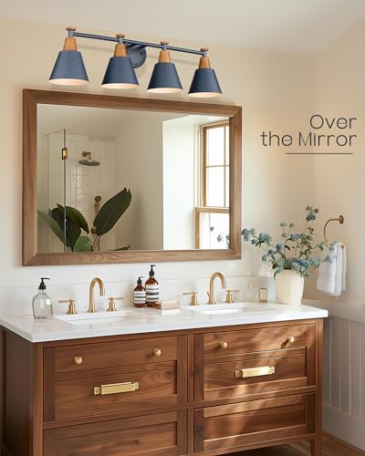 FEMILA 4-Light Bathroom Light Fixtures, Farmhouse Modern Vanity Lights Wall Lamp with Hammered Metal Shade Finish, Dark Blue, 4FG59B-4W Blue - color: Navy Blue, size: 30"