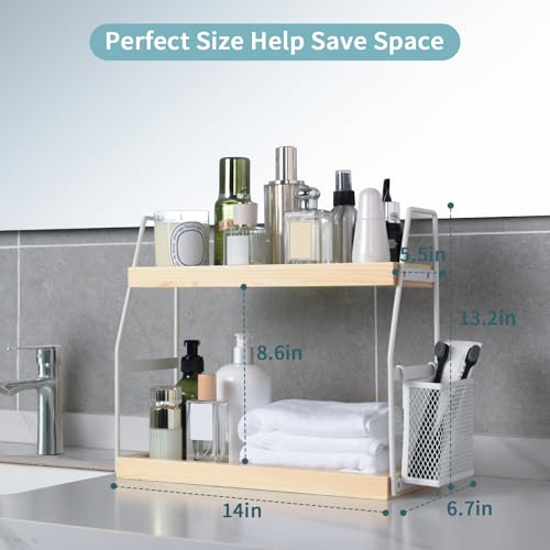 Bathroom Counter Organizer, 2-Tier Standing Storage Shelf with Basket, Wood Tray for Skincare Vanity Organizer(White) - style: 2 Tier White