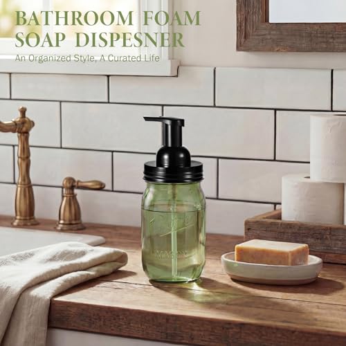 Amolliar Plastic Mason Jar Foaming Soap Dispenser Pump Lid, 16oz Foam Soap Dispenser with Cute Lables - Green Refillable Hand Soap Dispenser for Bathroom Kitchen Shower (2 Pack, Black) - color: Black