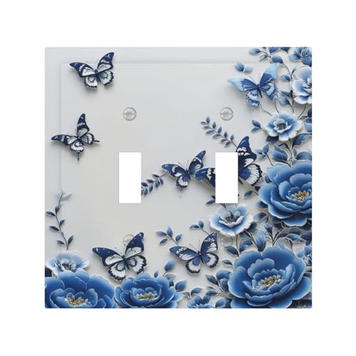 Light Switch Cover Plate Blue Peony Flowers Butterfly Vintage Floral 2 Gang Double Toggle Decorative Switch Plates Wall Plates Electrical Faceplate for Bathroom Bedroom Decor - color: Blue Peony Flowers Butterfly Vintage Floral, size: 2 Gang Double Toggle