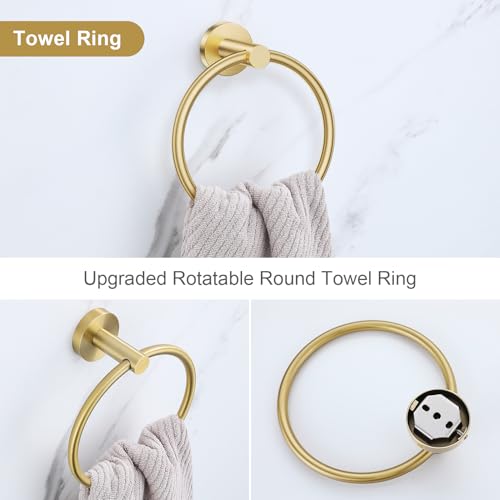Lairuier Brushed Gold Bathroom Hardware Set, 10-Piece Towel Bar Set SUS304 Stainless Steel Bathroom Hardware Accessories Set Round Towel Holder Set Wall Mounted - color: Brushed Gold, size: 10-Piece Standard Set