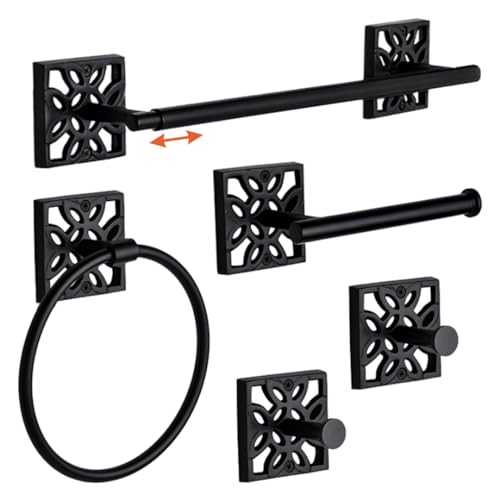 Autumn Alley 5 PC Matte Black Modern Bathroom Accessories Set, Wall Mounted - Towel Rack, Hand Towel Ring, Industrial Toilet Paper Holder, and 2 Towel Robe Hook for Bathroom Hardware Set - color: Black