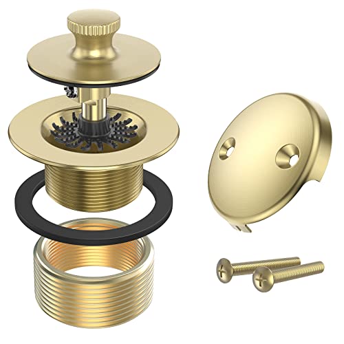 Brushed Gold Bathtub Drain Bath Tub Trim Set Conversion Kit Assembly, All Brass Lift and Turn Twist Tub Drains Replacement Trim Kit with Two-Hole Overflow Faceplate - color: Brushed Gold