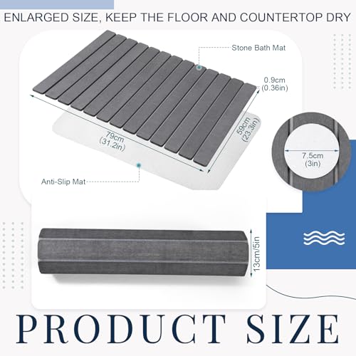 Nuanchu Large Stone Bath Mat 31.2" x 23.3" - Foldable Diatomite Bath Mat with Anti-Slip Pad Quick-Dry Large Bathroom Non-Slip Absorbent and Easy to Clean for Shower Entryway Kitchen Counter(Gray) - color: Gray
