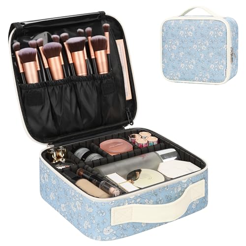 Relavel Travel Makeup Case, Professional Makeup Artist Makeup Bag, Portable Makeup Train Case Organizer with Adjustable Dividers, Cute Cosmetic Bags Birthday Gifts for Girls and Women - color: White Floral Print, size: Small