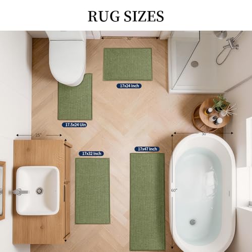 YIHOUSE Green Bathroom Rugs Sets 4 Piece, Quick Dry Non Slip Thin Bath Mat with Toilet Rug, Absorbent Machine Washable Bath Runner Rugs for Bathtub Sink Home Decor - color: Green, size: 4 pieces