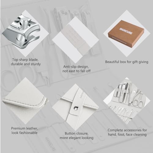 Manicure Set Professional Nail Clippers Pedicure Kit, 16 pcs Stainless Steel Nail Care Tools Grooming Kit with Luxurious Travel Leather Case for Thick Nails Men Women Gift (White) - color: White
