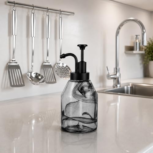 Glass Soap Dispenser – 12.5 Oz, 3D Black Smoke Pattern Thick Glass Bottle with Rust-Free ABS Pump, Smooth Action Hand Soap Dispenser for Kitchen Bathroom Countertop, Liquid Dish Soap, Lotion (Black) - color: Black-01