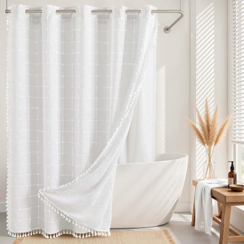Farmhouse Shower Curtain with Snap-in Liner,No Hooks Needed,Boho Fabric Shower Curtains with Tassels for Rustic Neutral Bathroom Decor,with Magnets,Water Repellent&Machine Washable,White,71x74Inch - color: White, size: 71"W x 74"L (Pack of 1)