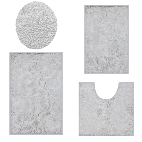 Bathroom Rugs Sets 4 Piece, Extra Soft Absorbent Chenille Bath Rugs, Non Slip Rubber Backing Machine Washable Quick Dry Bath Mats for Bathroom Floor, Tub, Shower, Home Decor Accessories, White - color: White