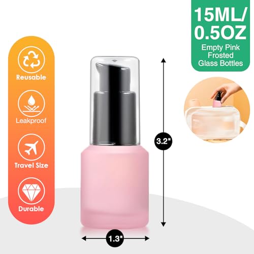 3PCS 15ML/0.5OZ Empty Pink Frosted Glass Bottles with Pump Refillable Vial Cosmetic Dispenser Jars Storage Travel Lotion Container Portable Sample Bottle for Toiletries,Foundation,Cream,Gel,Lotion - color: Pink, size: 0.5 OZ