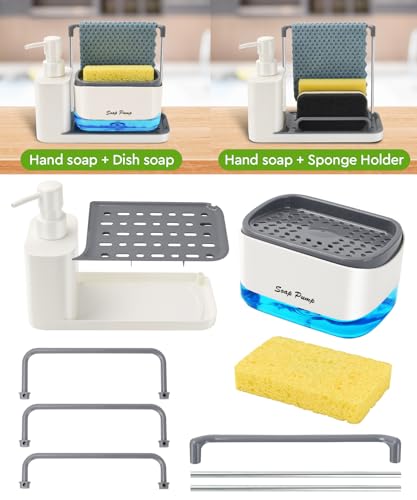 Hand and Dish Soap Dispenser Set with Tray, Dual Soap Dispenser with Sponge Holder and Dishcloth Holder 5-in-1 Organizer for Kitchen Sink Countertop Storage Organize - Useful Kitchen Gadgets (White) - color: White