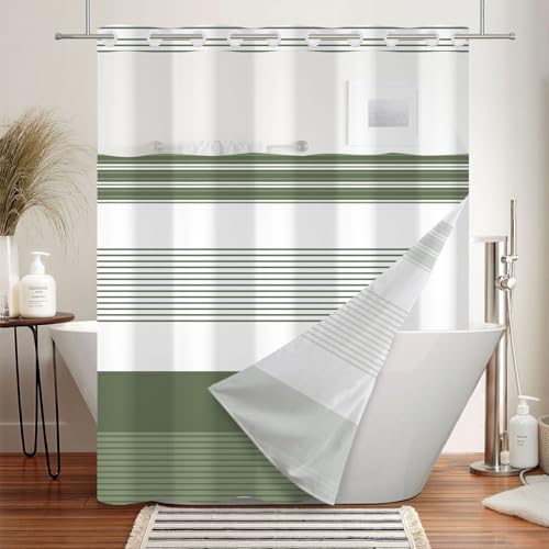 No Hook Striped Shower Curtain and Liner Set 71 x 74 Inch | Spring Sage Green and White Minimalist Striped, Waterproof Modern Bath Tub Curtain for Bathroom Decor, Breathable Mesh Top - color: Green