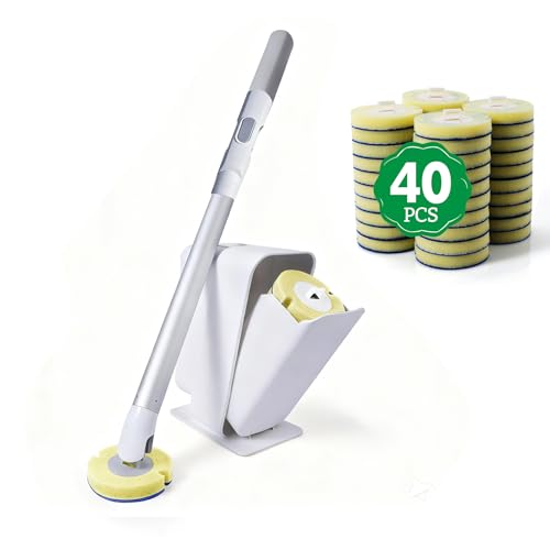 Eyliden Disposable Toilet Brush with Holder, 40-Refill Touch-Free Wand Kit | Pre-Soaked Concentrated Cleaner Sponge, Auto-open Caddy, 19.5" Aluminum Handle, 42 Set Toilet Bowl Cleaing, for Bathroom/RV