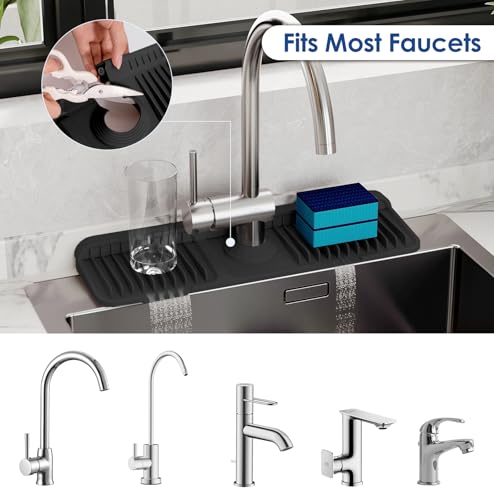 17.7 Inch Silicone Faucet Mat for Kitchen Sink Splash Guard - 7° Slope Upgraded Water Draining Mat with Fasten Button for Bathroom Area(Black, 17.7''x5.5'') - color: Black, size: 17.7''x5.5''