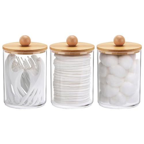 Tbestmax 10 Oz Cotton Swab/Ball/Pad Holder, Qtip Apothecary Jar, Clear Bathroom Containers Dispenser for Storage 3 Pack Wood Lids - color: Group A - 3 Pcs 10 oz
