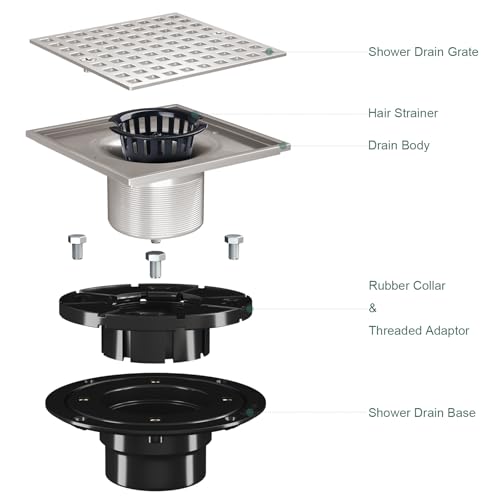 4 Inch Shower Floor Drain with Flange - Square Shower Drain with Hair Strainer - Removable Grid Strainer Cover - SUS304 Stainless Steel - Brushed Nickel - color: Brushed Nickel