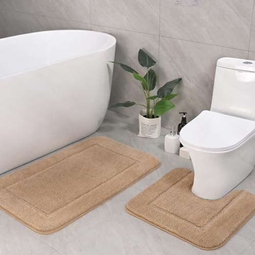 LOCHAS Bathroom Rug Set Beige, Soft Bath Rug Set 2 Piece, Toilet Mat U-Shaped 20x20 and 34x20 Bath Rugs, Quickly Dry Mats for Bathroom, Tub, Washable, Super Absorbent Floor Mat - color: Beige, size: 34" x 20" Plus 20" x 20" (U-Shape)
