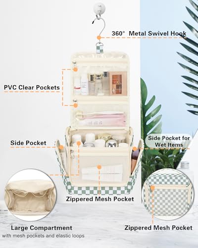 Relavel Travel Toiletry Bag for Women Makeup Bag Cosmetic Organizer Toiletries Bag with Hanging Hook for Travel Size Essentials Accessories Shower Caddy Bag for Bathroom Beach Gym, Green Checkerboard - color: Green Checkerboard