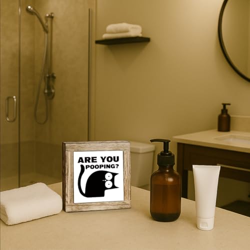 Funny Bathroom Decor, Are You Pooping Cat Sign, Funny Bathroom Toilet Table Decoration, Freestanding Decoration for Toilet and Restroom, Square Wood Block Sign Table Decor 5.9×5.9 inch - color: color36