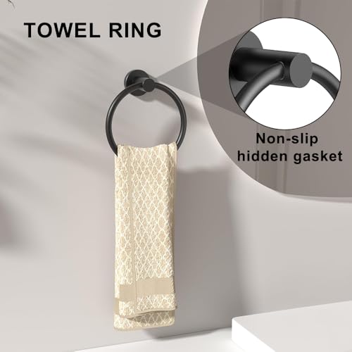MGahyi 5-Piece Bathroom Accessories Set, Rustproof Stainless Steel Wall Mounted, Extendable Towel Bar 12.8-24.8 Inch, Toilet Paper Holder, Towel Ring & Robe Hooks, Heavy Duty Bath Storage (Black)