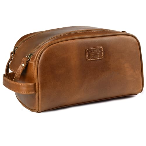 LEATHER VILLAGE Genuine Leather Toiletry Travel Bag With Waterproof Lining - Sun Tan | King-Size Handcrafted Vintage Dopp Kit Bag, Shaving & Bathroom Organizer, Gift for Men & Women - color: Suntan