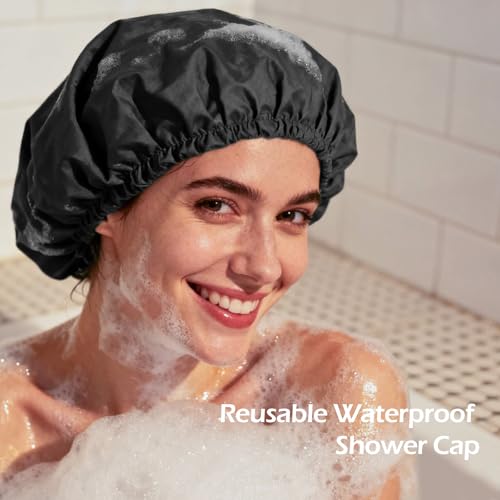 Shower Cap for Women Reusable Waterproof, Large Bath Cap with Elastic Band, Hair Caps for Long Hair and Braids, Black - color: Black