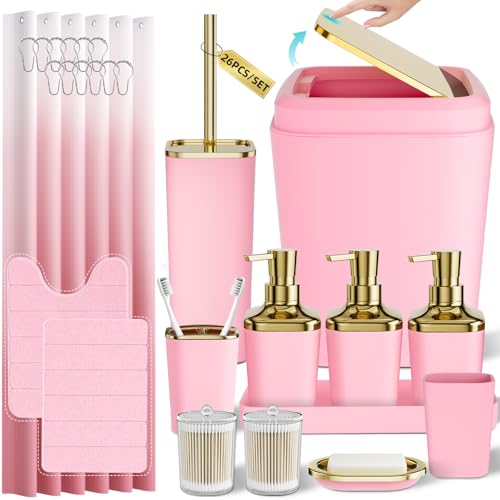 Bathroom Set - 26PC Bathroom Sets with Shower Curtain and Rugs, Bathroom Accessory Set, Pink Bathroom Set, Elegant Bathroom Accessories Set, Shower Curtain Set, Trash Can & Soap Dispensers - color: Light Pink & Gold, size: Bath Set+Shower Curtain+Bath Rug