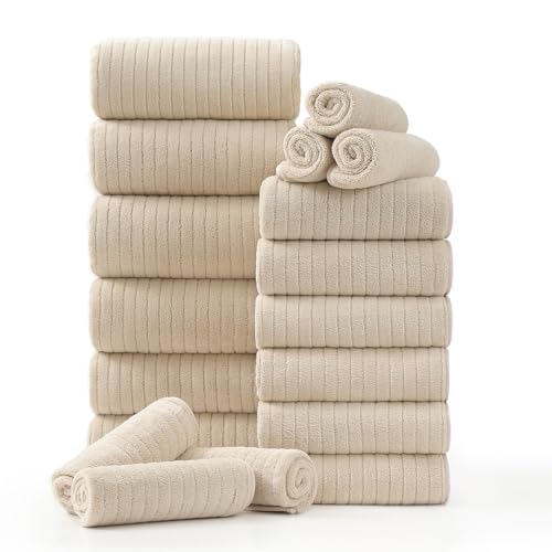 18 Piece Family Bath Towel Set Include 6 Bath Towels,6 Hand Towels and 6 Washcloths Soft Bathroom Towel with Hanging Loops,Highly Absorbent Quick Dry Towels Set for Bathroom,Hotel and Spa-Beige - color: Beige, size: 18-Piece Set