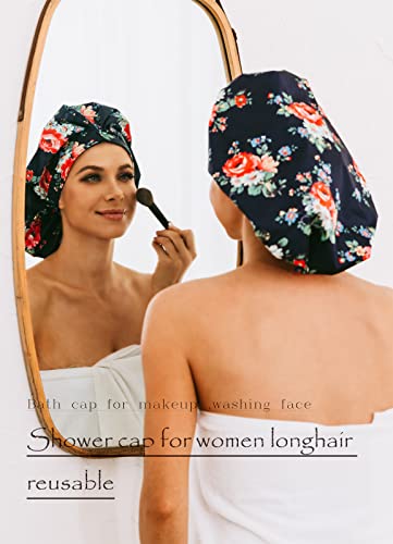 HIUMI Shower Cap for Women, Large Shower Cap for Long Hair Jumbo Adjustable Reusable Shower Caps Waterproof Bath Cap(Navy Blue) - color: navy blue