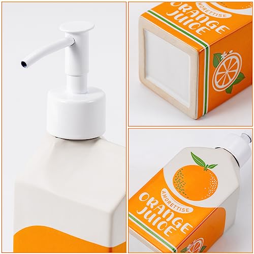 Ceramic Orange Juice Bottle Soap Dispenser, Refillable Lotion Pump Bottle for Bathroom Kitchen Dish Soap | Cute Funny Design, Refillable, Reusable, 300ml/10oz - color: Juice