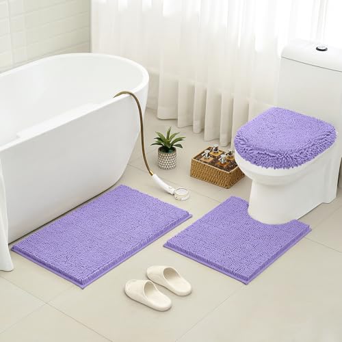 HOMEIDEAS 3 Pieces Light Purple Bathroom Rugs Set, Ultra Soft Non Slip Bath Rug and Absorbent Chenille Bath Mat, Includes U-Shaped Contour Rug, Bath Mat and Toilet Lid Cover, Perfect for Bathroom, Tub - color: Light Purple, size: 20"x32"+U 20"x24"+Cover 1
