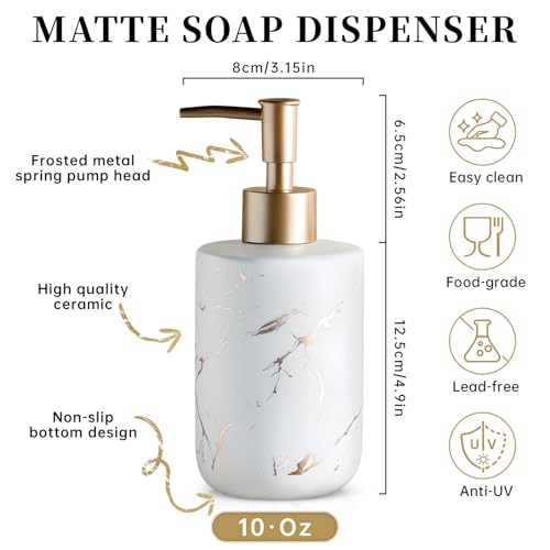 Gold Soap Dispenser, Dish Soap Dispenser for Kitchen Liquid Soap Pump Dispenser for Shower, Ceramics Refillable Hand Soap Lotion Dispenser, Shampoo Lotions Bottle for Bathroom, 10.5 OZ (White). - color: White
