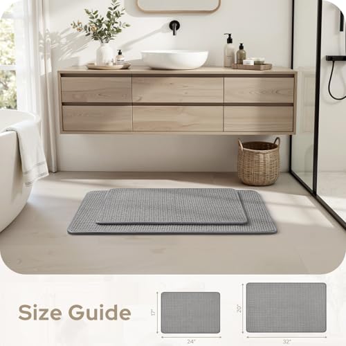 HOMEIDEAS Bathroom Rugs Set 2 Piece, Ultra Thin Non-Slip Bath Mats Rubber Backed, Chenille Absorbent Quick Dry Mats for Shower & Vanity, Low Profile Fits Under Door (Grey, 32"x20"+24"x17") - color: Grey