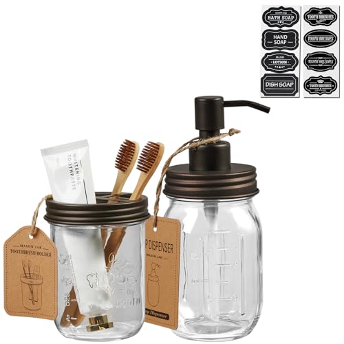 SheeChung Mason Jar Bathroom Accessories Set, 2Pcs Glass Bathroom Accessory Set, Soap Dispenser, Toothbrush Holder, Bathroom Decor, Rustic Farmhouse Decor - Bronze - color: Bronze, size: Liquid Dispenser