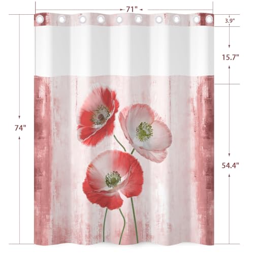 No Hook Floral Shower Curtain and Liner Set 71x74inch | Pink Poppy Flower Pattern, Modern Waterproof Fabric Breathable Mesh Top Bath Curtain for Farmhouse Bathroom, Hotel Decor - color: Pink