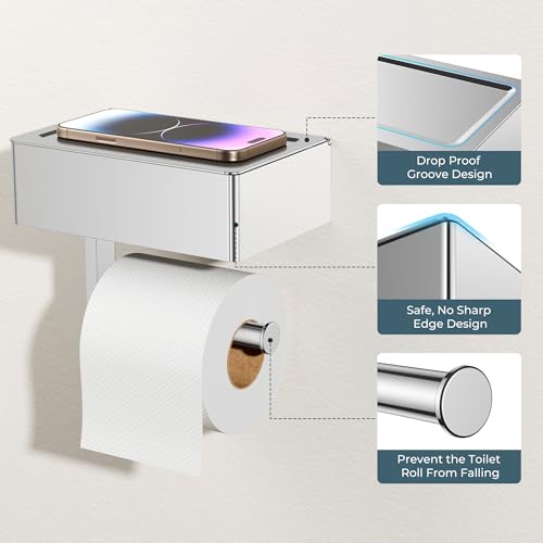 FORIOUS Toilet Paper Holder with Shelf, Sanitary Napkin Receptacle Tampon Holder, Wall Mount Toilet Paper Holder with Storage, Flushable Wipes Dispenser Fits for Bathroom Commercial(1, Chrome) - color: Chrome, size: 1 Pack-8" (L)