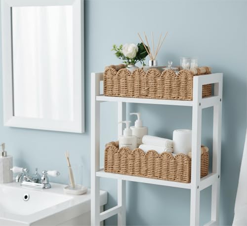 CubesLand Bathroom Basket Organizer, Toilet Tank Paper Storage Baskets 2-Pack, Scalloped Decorative Basket for Countertop w/Handle, Wicker Basket for Bathroom Decor, Home Decor, Living Room, Neutral - color: Neutral