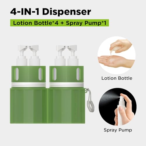 4 in 1 Travel Dispenser Bottle,TSA Approved Refillable Travel Size Toiletries Bottles Set with Suction Cup for Smooth Walls - for Shampoo,Conditioner,Body Wash,Lotion.(Green) - color: Green