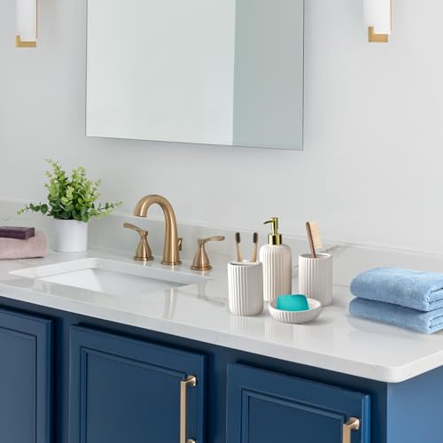 White Bathroom Accessories Set, 4PC Ceramic Bathroom Sets Complete-Toothbrush Holders, Soap Dispenser, Soap Dish, Toothbrush Cup, Modern White Gold Bathroom Decor, Bathroom Organizer for Countertop - size: GWhite-4pcs
