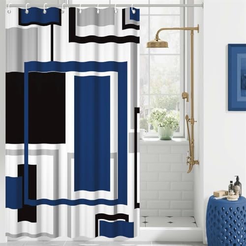 48x72inch Blue Abstract Geometric Shower Curtain Set with Hooks Blue Black White Grey Bath Curtain for Bathroom Blue Grey Fabric Shower Curtain Bath Curtains Decorative Stall Hotel Bathtubs - color: Blue Black02, size: 48"W x 72"L (Pack of 1)