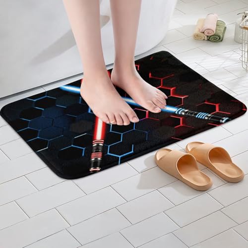 Neon Red Blue Light Up Sword Non Slip Bath Mat Geometric Honeycomb Bathroom Rug for Kids Girls Boys Teens Fashion Games Shaggy Absorbent Floor Mat Black 3D Hexagon Bath Indoor Doormat Decor,16"x24" - color: Lightsaber 1, size: 16" x 24"