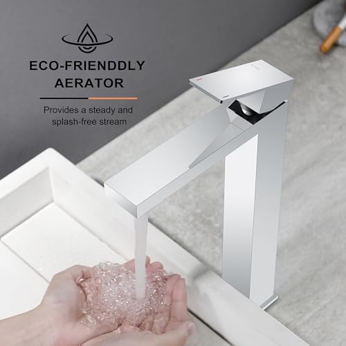 KENES Chrome Bowl Vessel Sink Facuet Single Handle Tall Bathroom Sink Faucet Bathroom Vanity Faucet Basin Mixer Tap with Water Supply Lines and Pop Up Sink Drain, LJ-9031A-5 - color: Chrome, size: Tall