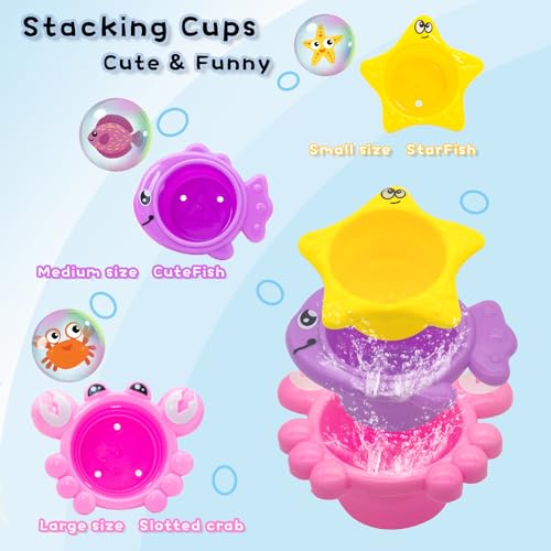 Baby Girl Bath Toys for Kids Ages 1-3 Water Table Suction Spinning Tub Toys Toddler Bathtub Toys with Stacking Cups for Infants 12 18 Months+ - style: With 3PCS Stacking Cups