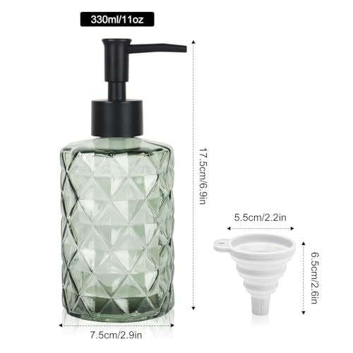 Green Glass Soap Dispenser, 11 Oz/330ml Liquid Hand Lotion Dispenser Set for Kitchen Sink and Bathroom, Dish Soap Dispenser Set, Lotion Glass Lotion Bottles with Black Pump (Army Green) - color: Green&black