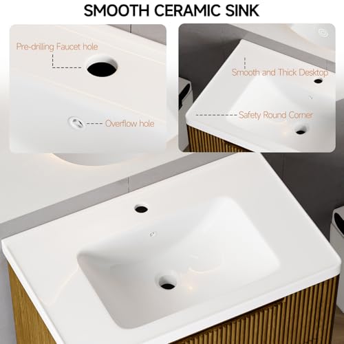 ONBRILL Modern Bathroom Vanity with Sink Combo, Curved Floating Bath Vanity with 2 Drawer, Wall Mount Bathroom Vanities with Integrated Ceramic Sink for Small Space, Apartment (Walnut, 32“) - color: Walnut, size: 32“
