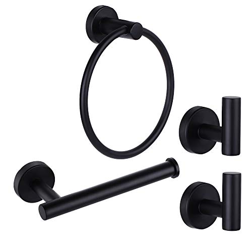 4 Piece Matte Black Stainless Steel Bathroom Hardware Set Include Hand Towel Ring, Toilet Paper Holder,and 2 Robe Towel Hooks,Bathroom Accessories Kit - color: Matte Black